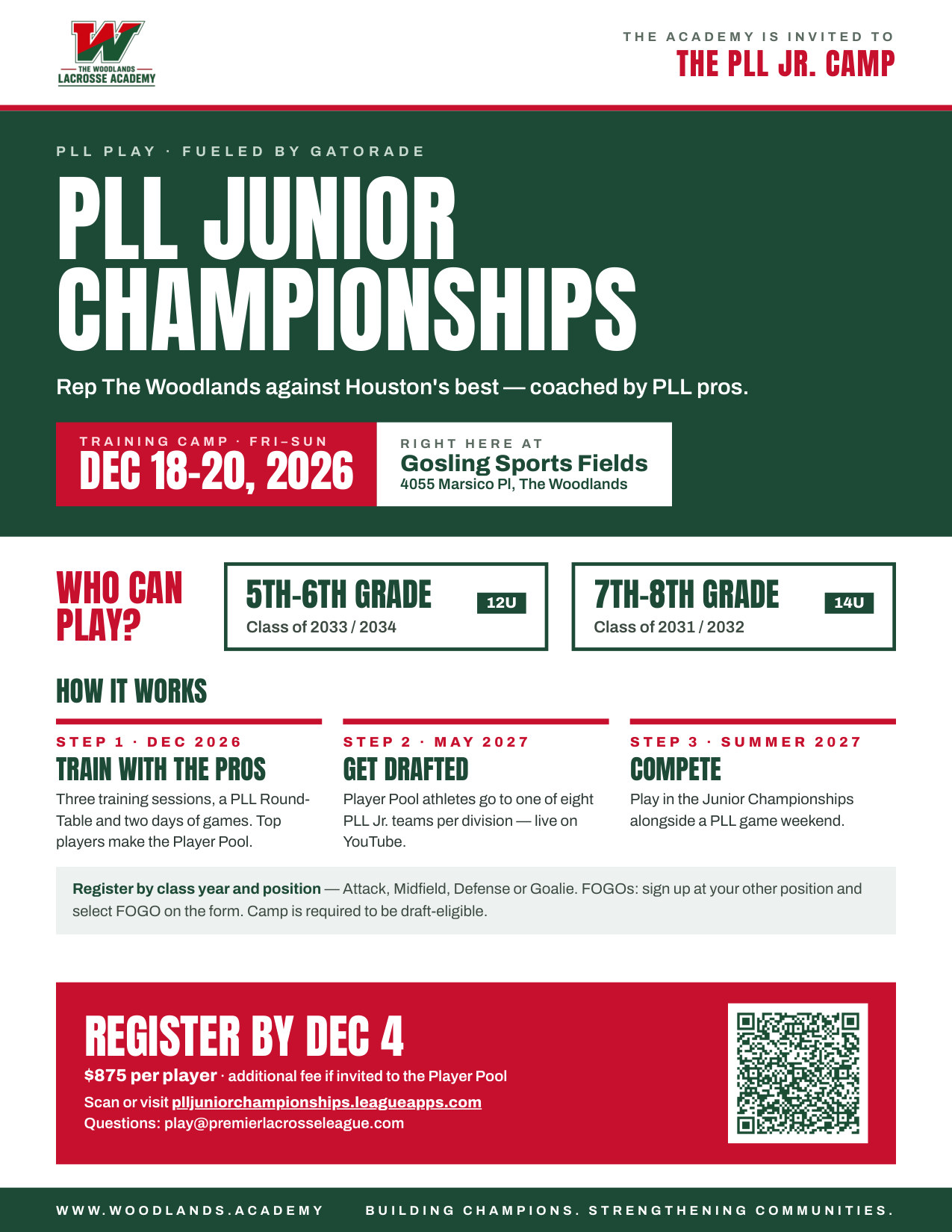 PLL Junior Championships flyer: training camp Dec 18 to 20, 2026 at Gosling Sports Fields
