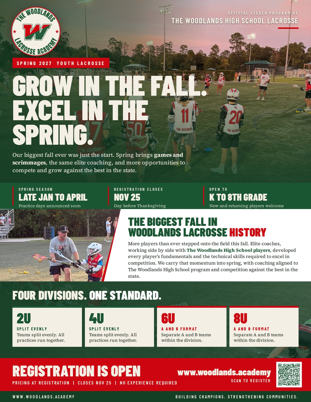 Spring 2027 Youth Lacrosse flyer: Grow in the fall, excel in the spring
